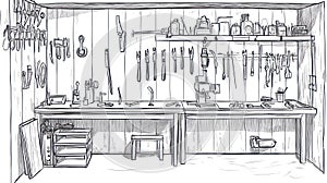 Workshop Bench with Hanging Tools, Sketch Style