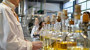 A workshop leader is demonstrating the process of turning the extracted oil into biofuel in front of a group of eager