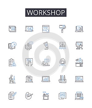 Workshop line icons collection. Conference, Seminar, Meeting, Symposium, Summit, Gathering, Forum vector and linear