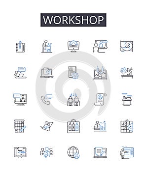 Workshop line icons collection. Conference, Seminar, Meeting, Symposium, Summit, Gathering, Forum vector and linear