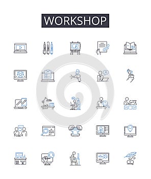 Workshop line icons collection. Conference, Seminar, Meeting, Symposium, Summit, Gathering, Forum vector and linear