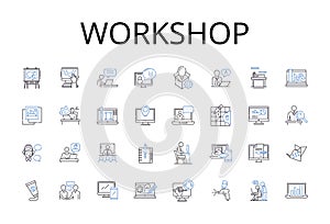 Workshop line icons collection. Conference, Seminar, Meeting, Symposium, Summit, Gathering, Forum vector and linear