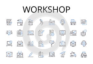 Workshop line icons collection. Conference, Seminar, Meeting, Symposium, Summit, Gathering, Forum vector and linear
