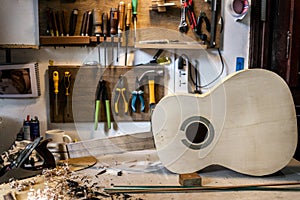 Workshop of lutherie, making guitar. No people