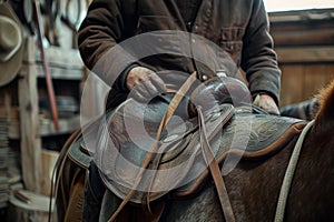 Workshop for making leather saddles for horses, a man makes a saddle, equestrian equipment
