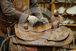 Workshop for making leather saddles for horses, a man makes a saddle, equestrian equipment