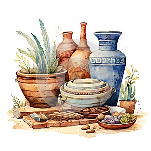 Workshop producing clay tablets and pottery illustration photo