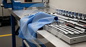 Workshop Table with Tools and Blue Cloth, Close-Up View