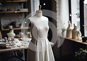 Workshop for tailoring and repairing clothes with a mannequin and a dress on it. Generative AI.