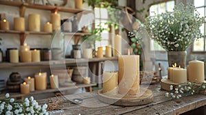 workshop theme featuring retro-designed soy candle making setup with wooden tools and molds perfect for a rustic candle