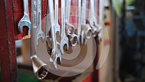 Workshop tools. metal hand tools. close-up. screwdrivers and wrenches, pliers, hexagons and other tools. repair shop or
