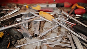 Workshop tools. metal hand tools. close-up. screwdrivers and wrenches, pliers, hexagons and other tools. repair shop or