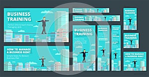 Workshop training activity. How to Manage Business risk. Businessman walking tightrope funambulist rope-dancer balance