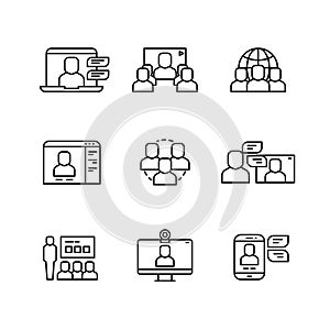 Workshop, video conference and online communication, business structure vector thin line icons