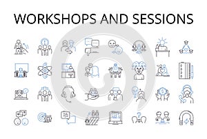 workshops and sessions line icons collection. Seminars and lectures, Talks and speeches, Classes and tutorials