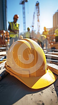 Worksite protection Safety helmet highlighted on a construction zone photo