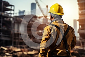 Worksite readiness Engineer wears yellow safety helmet on construction site