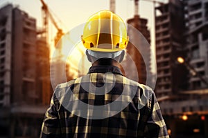 Worksite readiness Engineer wears yellow safety helmet on construction site