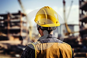 Worksite readiness Engineer wears yellow safety helmet on construction site