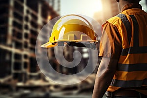 Worksite readiness Engineer wears yellow safety helmet on construction site