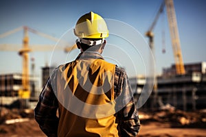 Worksite readiness Engineer wears yellow safety helmet on construction site