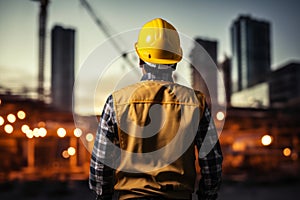 Worksite readiness Engineer wears yellow safety helmet on construction site