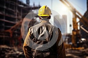 Worksite readiness Engineer wears yellow safety helmet on construction site