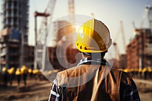 Worksite readiness Engineer wears yellow safety helmet on construction site