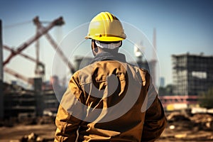 Worksite readiness Engineer wears yellow safety helmet on construction site