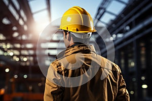 Worksite readiness Engineer wears yellow safety helmet on construction site