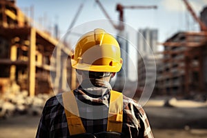 Worksite readiness Engineer wears yellow safety helmet on construction site