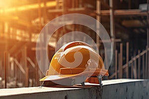 Worksite readiness Yellow helmet on steel in a construction scene