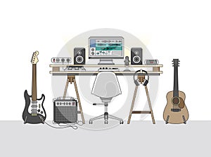 Workspace of an audio engineer or a music producer