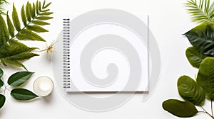 workspace with a blank notebook, green leaves, and a white container on a white background