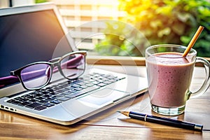 Workspace with Computer, Active Pen, Eyeglasses, and Coffee Smoothie
