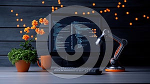 Workspace with computer coding screen plant and warm lighting accents