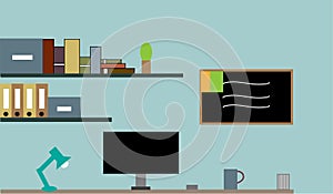 Workspace with  computer and lamp on the table and books against the wall