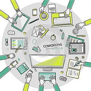 Workspace. Concept of working in multicultural team, coworking, typography.