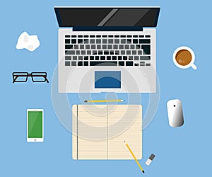 Workspace creative concept laptop vector flat design illustration