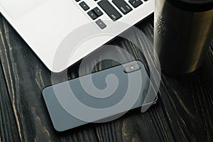 Workspace Creative Concept. Professional creative graphic designer working table with phone, notebook in black and white