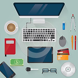 workspace design flatlay. Vector illustration decorative design