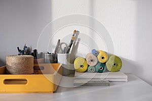 Workspace of designer, creative worker. Desktop with objects, tools, equipment in home office