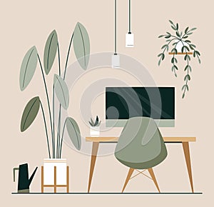 Workspace with desk, desktop computer, plant in earth tones. Green Office Concept. Modern minimalistic interior design. Japandi or