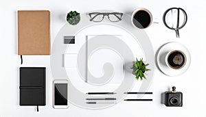 Workspace desk objects top view isolated items on white background