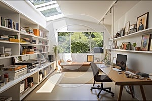 Workspace With Desk, Shelves, and Computer for a Productive Environment