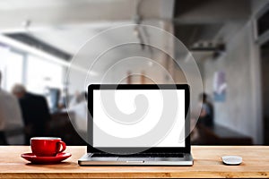 Workspace with desktop computer, office supplies, houseplant and coffee cup at cafe. desk work concept