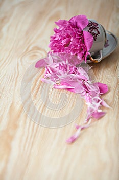 Workspace with diary, pen, vintage tray, pink rose, croissants and coffee on white background. Top view, flat lay