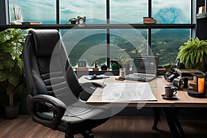 Workspace features desk and rotating chair, poised for productive comfort and mobility