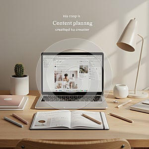 A workspace features a modern laptop displaying a content planning application.