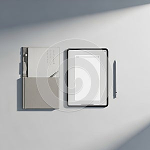 Workspace features a tablet with a blank screen centered on a